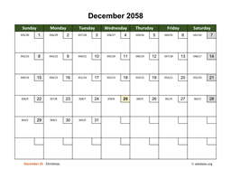December 2058 Calendar with Day Numbers