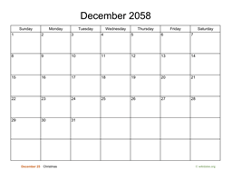 Basic Calendar for December 2058