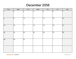 December 2058 Calendar with Weekend Shaded