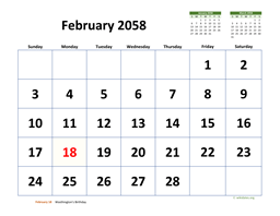 February 2058 Calendar with Extra-large Dates