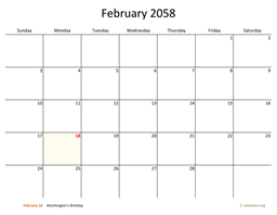February 2058 Calendar with Bigger boxes
