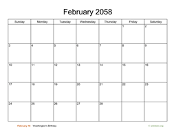 Basic Calendar for February 2058