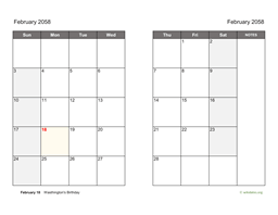 February 2058 Calendar on two pages