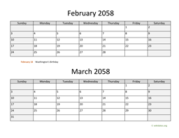 February and March 2058 Calendar