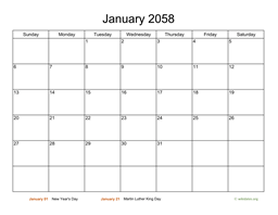 Basic Calendar for January 2058