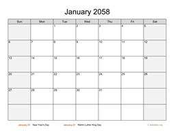 January 2058 Calendar with Weekend Shaded