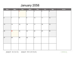 January 2058 Calendar with Notes