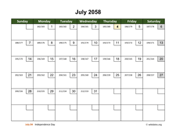 July 2058 Calendar with Day Numbers