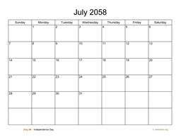 Basic Calendar for July 2058