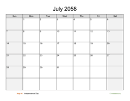 July 2058 Calendar with Weekend Shaded