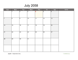 July 2058 Calendar with Notes