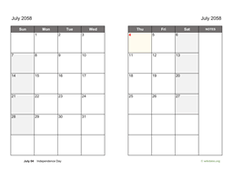 July 2058 Calendar on two pages