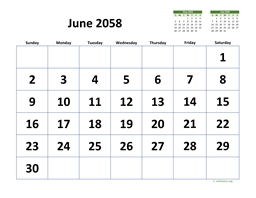 June 2058 Calendar with Extra-large Dates
