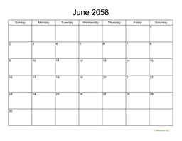 Basic Calendar for June 2058