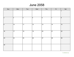 June 2058 Calendar with Weekend Shaded