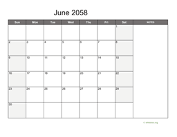 June 2058 Calendar with Notes
