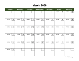 March 2058 Calendar with Day Numbers