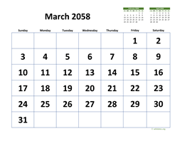 March 2058 Calendar with Extra-large Dates