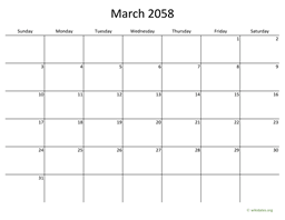 March 2058 Calendar with Bigger boxes