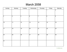 Basic Calendar for March 2058
