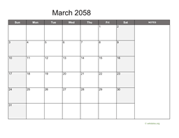 March 2058 Calendar with Notes
