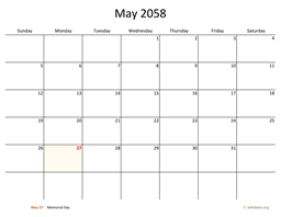 May 2058 Calendar with Bigger boxes