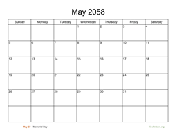 Basic Calendar for May 2058