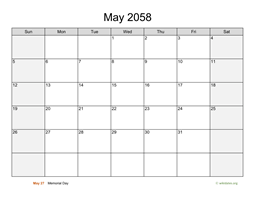May 2058 Calendar with Weekend Shaded