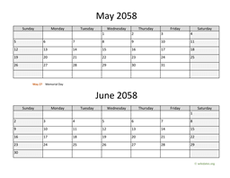 May and June 2058 Calendar