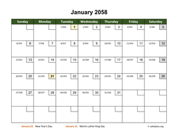 Monthly 2058 Calendar with Day Numbers