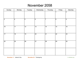 Basic Calendar for November 2058