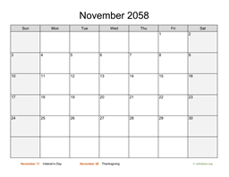 November 2058 Calendar with Weekend Shaded