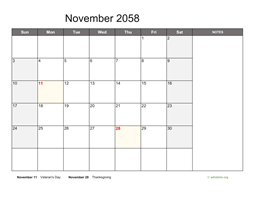 November 2058 Calendar with Notes