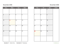 November 2058 Calendar on two pages