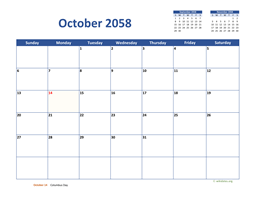 October 2058 Calendar Classic