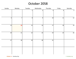 October 2058 Calendar with Bigger boxes