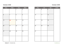 October 2058 Calendar on two pages
