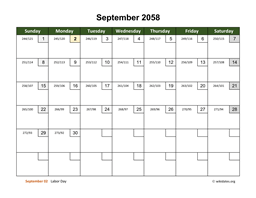 September 2058 Calendar with Day Numbers