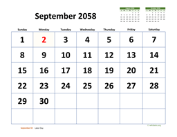 September 2058 Calendar with Extra-large Dates