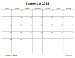 September 2058 Calendar with Bigger boxes