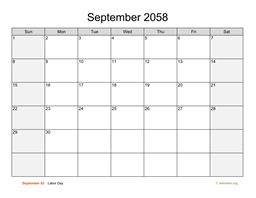 September 2058 Calendar with Weekend Shaded