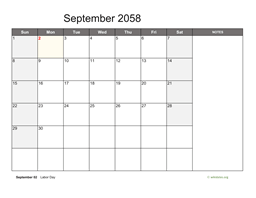 September 2058 Calendar with Notes