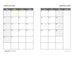 September 2058 Calendar on two pages