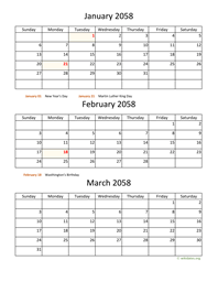 three months 2058 calendar vertical