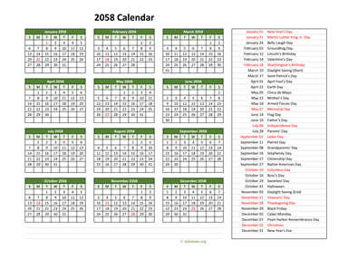 2058 Calendar with US Holidays