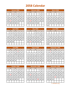 Full Year 2058 Calendar on one page