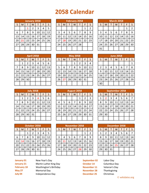 Calendar 2058 Vertical