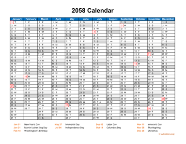 2058 Calendar Horizontal, One Page