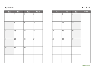 April 2058 Calendar on two pages