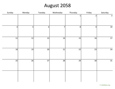 August 2058 Calendar with Bigger boxes